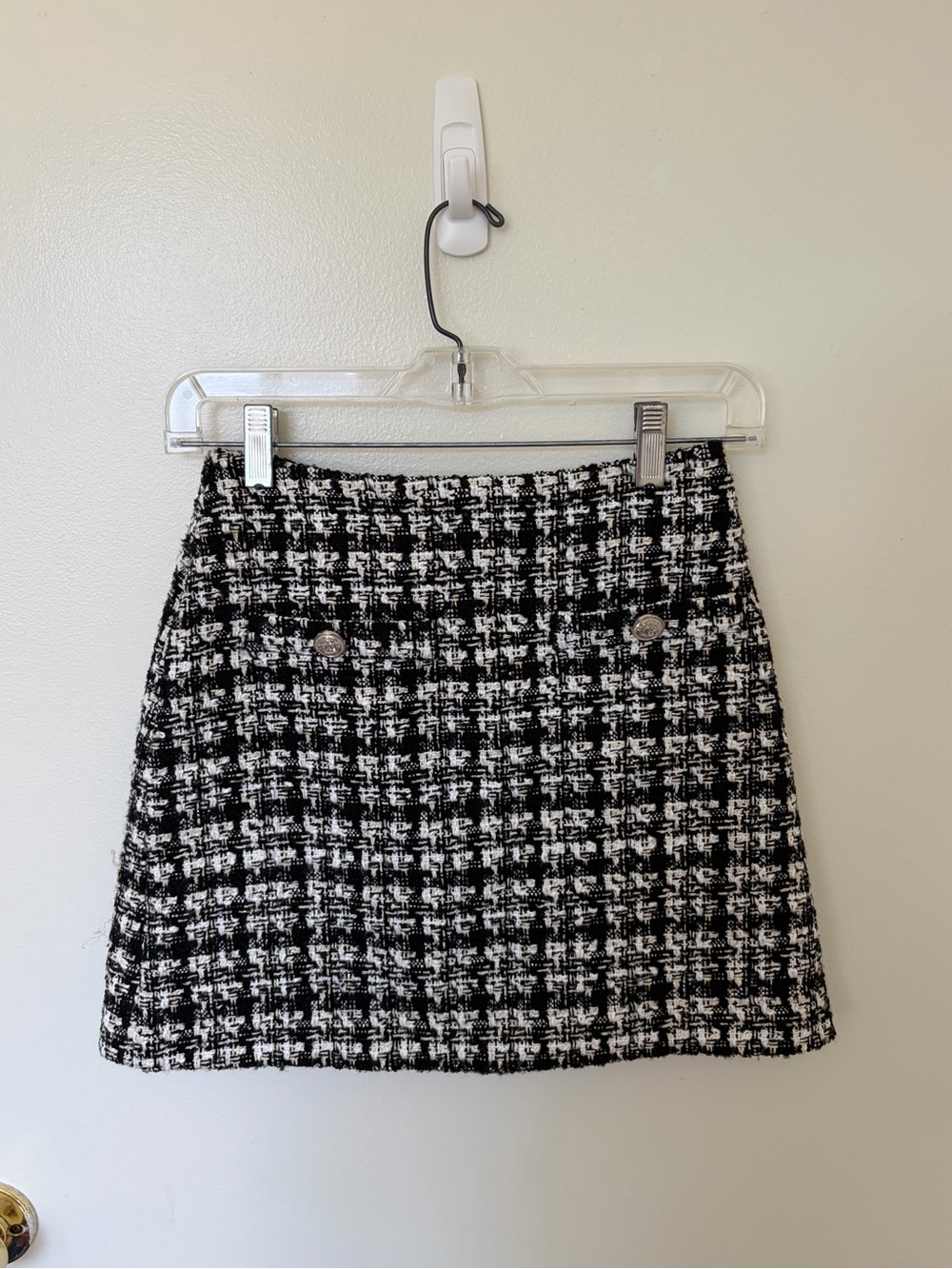 Black and White Tweed Skirt with Button Detail